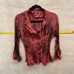 Piano Shirt Womens Medium Red Black Ruffle Crinkle Pleated Button Front Top